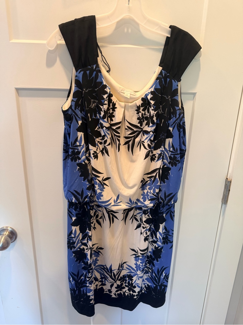 London Times Blue Black Floral Cowl Neck Banded Waist Dress Size 14